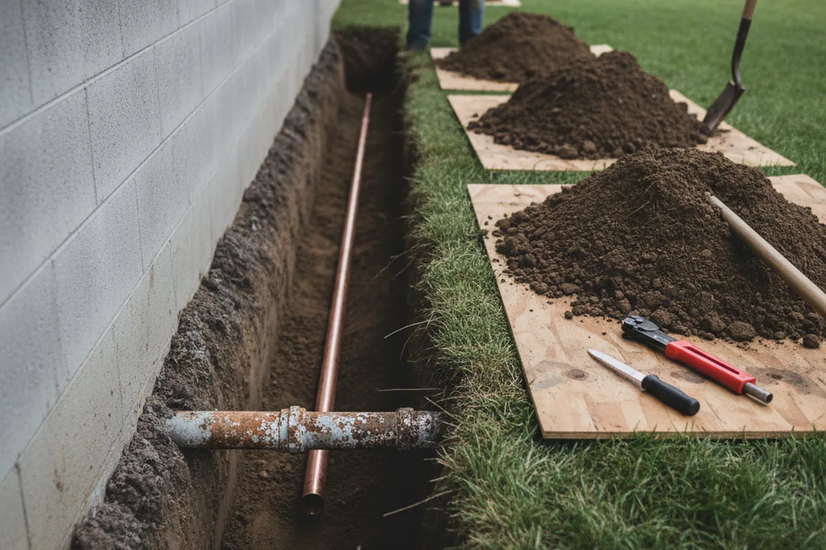 Excavated water line trench during Water Softener Installation in Struthers